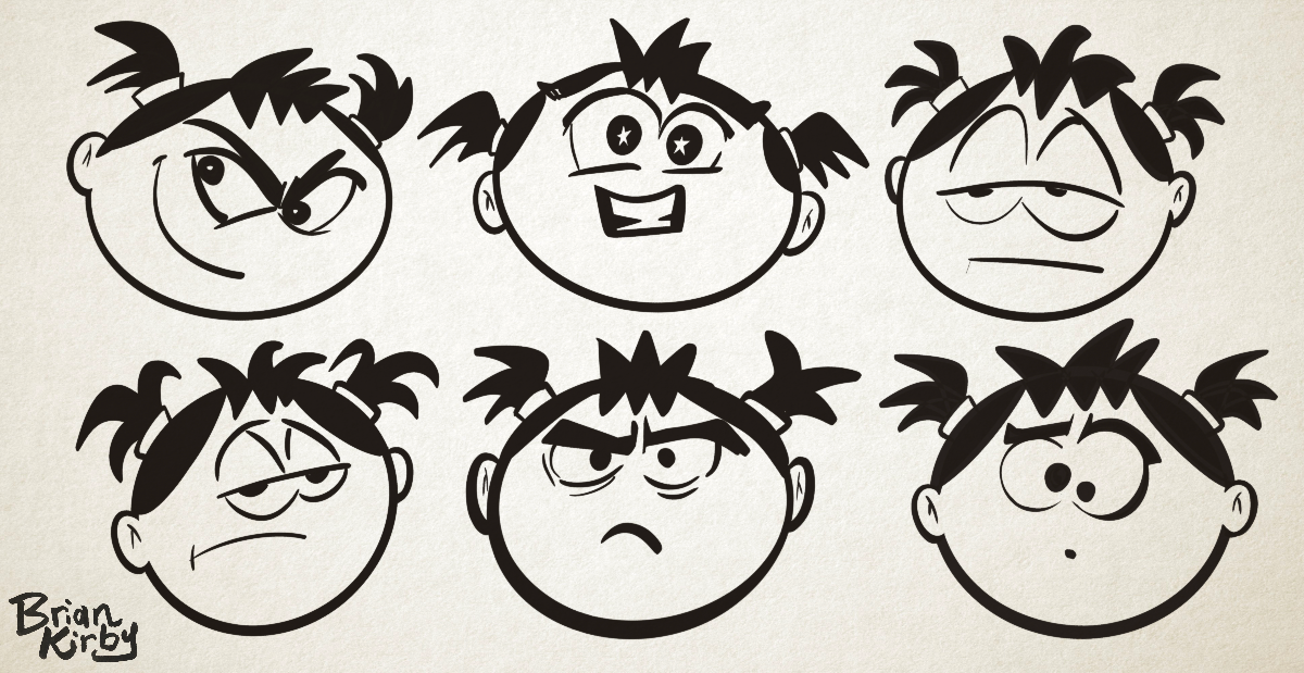 Six drawings of a cartoon girl named Noodle