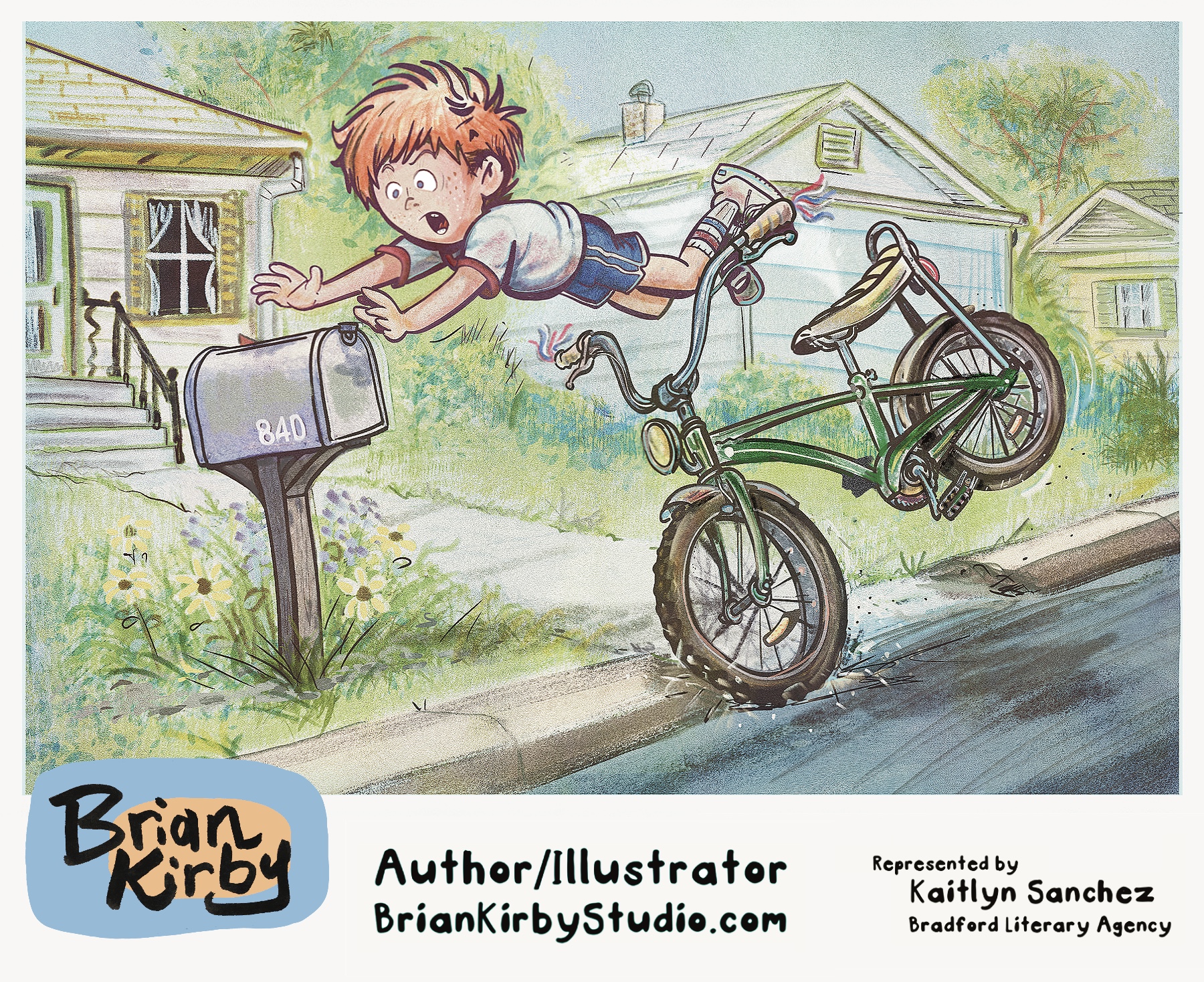 Illustration of a boy in mid air, headed toward a mailbox as his banana sear bike hits a curb